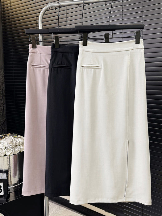 Color-Tea Apricot-Split Hip Women Slim Skirt Spring Mid Length Lip Bag A line Skirt-Fancey Boutique
