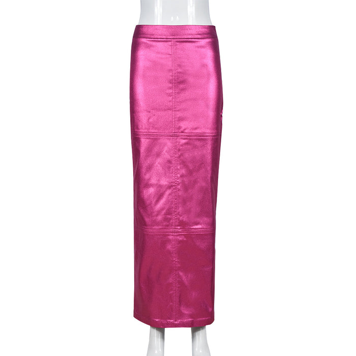 Color-Coral Red-Metallic Coated Fabric Slim Fit Sheath Patchwork Slit Bright Leather Women Skirt-Fancey Boutique