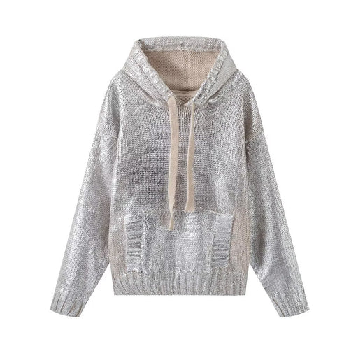Color-Silver-Winter Women Clothing Metallic Coated Fabric Metal Hoodie Knitted-Fancey Boutique