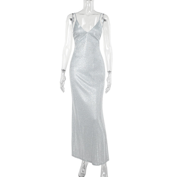 Summer Elegant Sexy V Neck Brace Thin Glittering Backless Dress Dress Women-Silver-Fancey Boutique