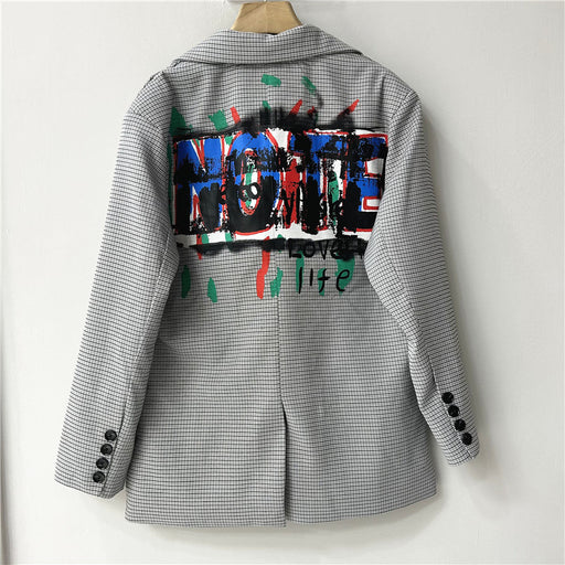 Autumn Niche Graffiti Design British Plaid Loose Women Jacket Hong Kong Blazers-Multi-Fancey Boutique