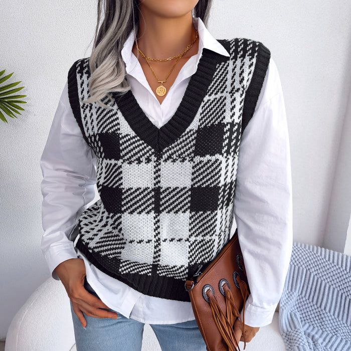 Color-Black-Autumn Winter Casual Color Contrast Check Knitted Vest Sweater Vest Women Clothing-Fancey Boutique