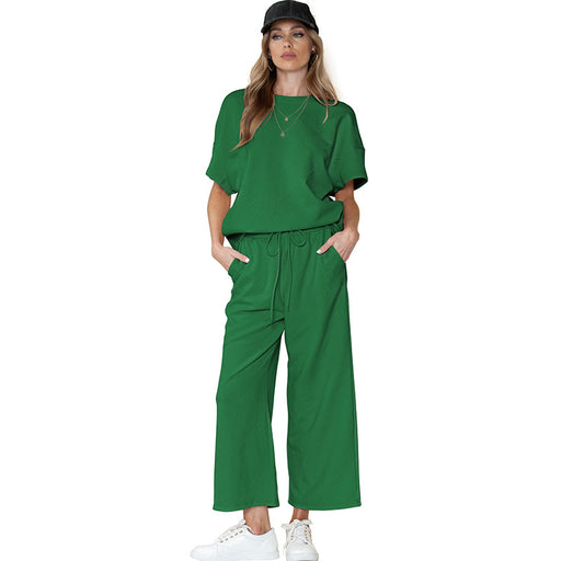 Color-Green-Summer Solid Color Texture Casual Suit Women Thin Loose Slim Fit Drawstring Sportswear Women-Fancey Boutique