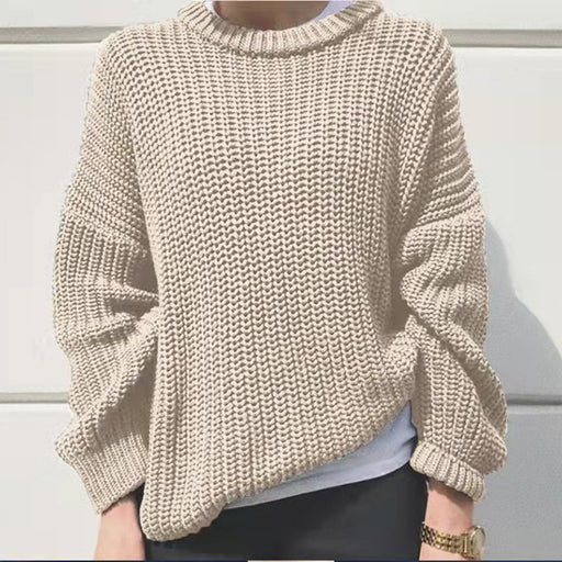 Color-White-Autumn Winter Casual Simple Thick Needle Long Sleeve Round Neck Loose Knitted Pullover Sweater Women-Fancey Boutique