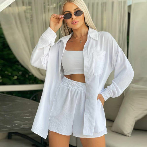 Color-White-Women Long Sleeved Shirt Spring Autumn Shorts Solid Color Elastic Waist Loose Two Piece Set-Fancey Boutique
