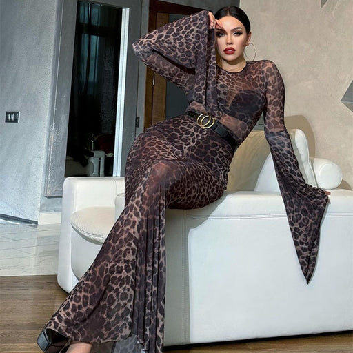 Women Clothing Sexy Mesh See Through Printed Leopard Print Dress Slim Fit Sheath Fishtail Dress No Belt-Fancey Boutique