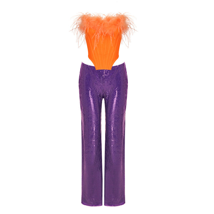 Winter Orange Feather Tube Top Purple Sequin Trousers Two Piece Set Casual Set-Purple-Fancey Boutique