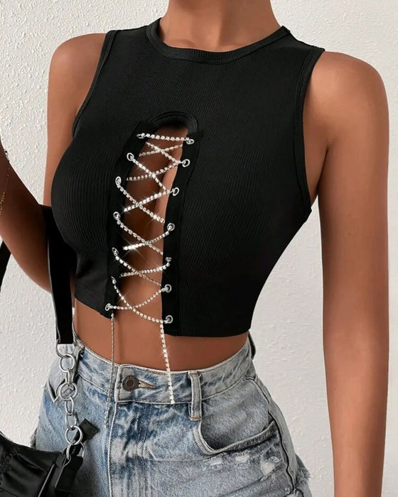 Color-Summer Rib Cropped Vest Women Round Neck Hollow Out Cutout Rhinestone Lace up Sexy Sleeveless Short Top Women-Fancey Boutique