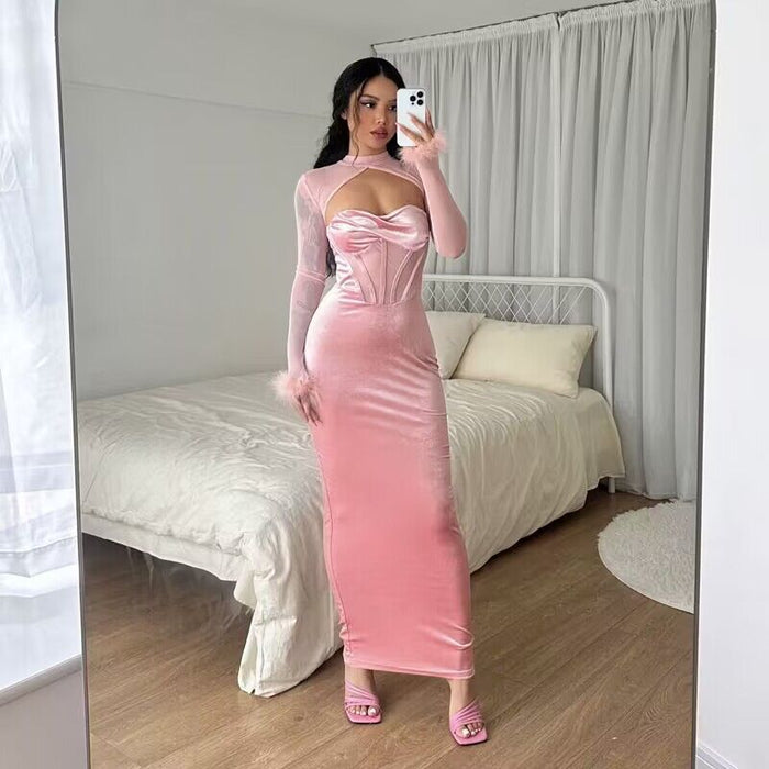 Color-Pink-Fall Women Clothing Plush Mesh Stitching Night Club Hollow Out Cutout Dress Slim Fit Dress-Fancey Boutique