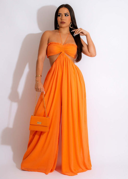 Color-Orange-Source Sexy Chiffon Chest Wrapped Bare Back Wide Leg Jumpsuit Women Clothing-Fancey Boutique