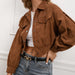 Color-Brown-Single Breasted Collared Pocket Short Jacket Women-Fancey Boutique
