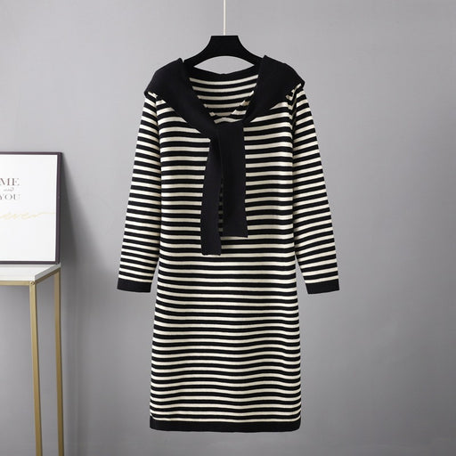 Color-Black-Autumn Winter Striped Slimming Long Sweater Shawl Western Sweater Women Dress-Fancey Boutique