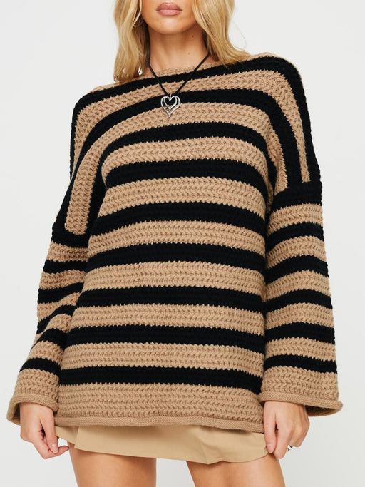 Color-Khaki-Autumn Winter Coat Loose off Shoulder Striped Long Sleeved Knitted Pullover Casual Sweater for Women-Fancey Boutique