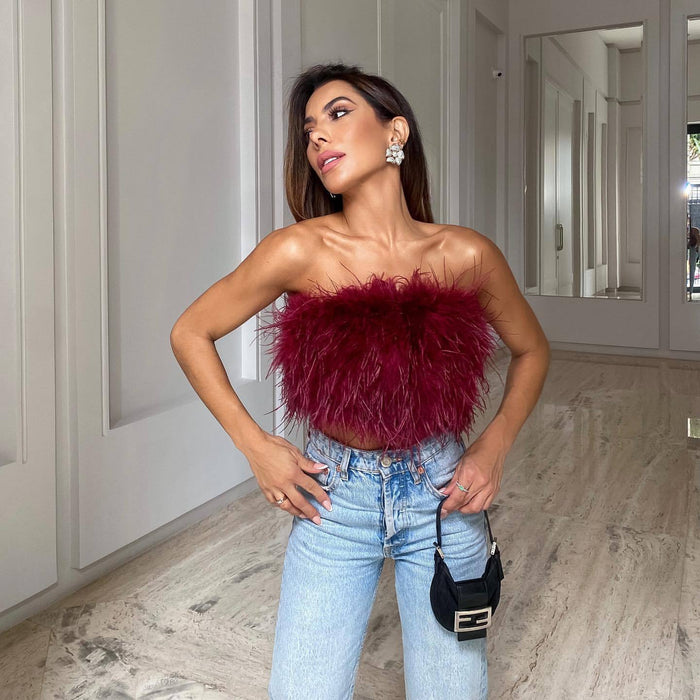 Color-Burgundy-Fashion Feather Fur Tube Top Party Sexy Top Crop Top Tank Camis-Fancey Boutique