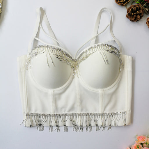 Ethnic Dance Tassel Suspender Breast Shaping Fancy Cross Vest Cropped Exposed Short Sexy Top Fairy Bra-White-Fancey Boutique