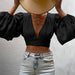 Color-Black-Autumn New Women Clothing Solid Color Sexy Long Sleeve Deep V Plunge Plunge Women Cropped Top-Fancey Boutique