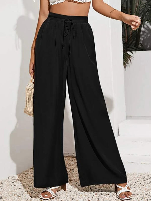 Color-Black-Women Summer High Waist Casual Trousers Solid Color Elastic Waist Lace up Loose Wide Leg Pants Women-Fancey Boutique