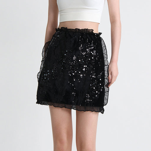 Color-Black-Sequined Skirt Spring Ruffled High Waist Slimming All Matching Short Skirt Women-Fancey Boutique