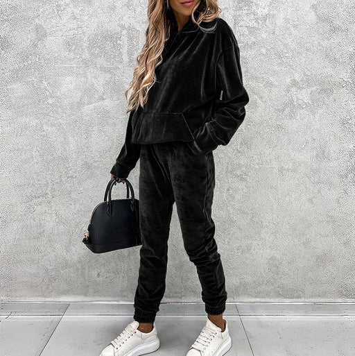 Color-Black-Winter Solid Color Hooded Sports Casual Silver Fox Velvet Suit Women-Fancey Boutique