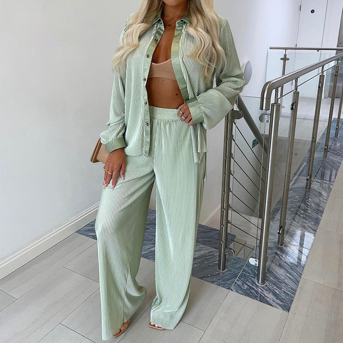 Color-Light Green-Women Clothing Autumn Winter Long-Sleeved Shirt Pants Loose Casual Pants Two-Piece Suit-Fancey Boutique