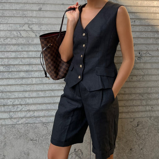 Cotton Linen Suit Vest Suit Women Clothing Summer Casual Sleeveless Tank Top Shorts Two Piece Suit-Fancey Boutique