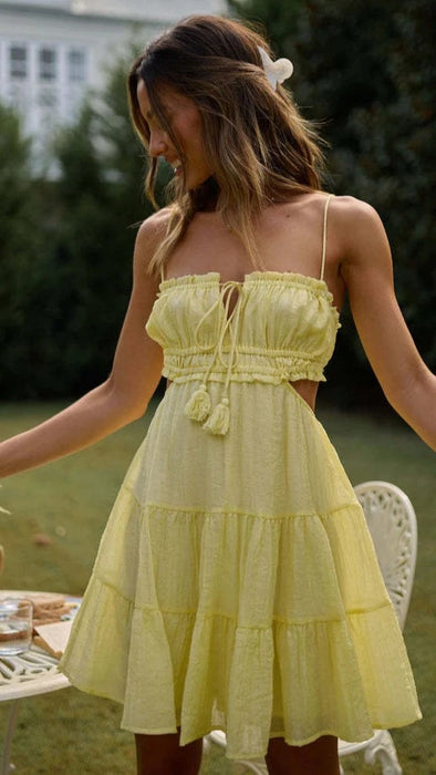 Color-Pale Yellow-Summer Women Sling Off Neck Backless Short Women Dress-Fancey Boutique