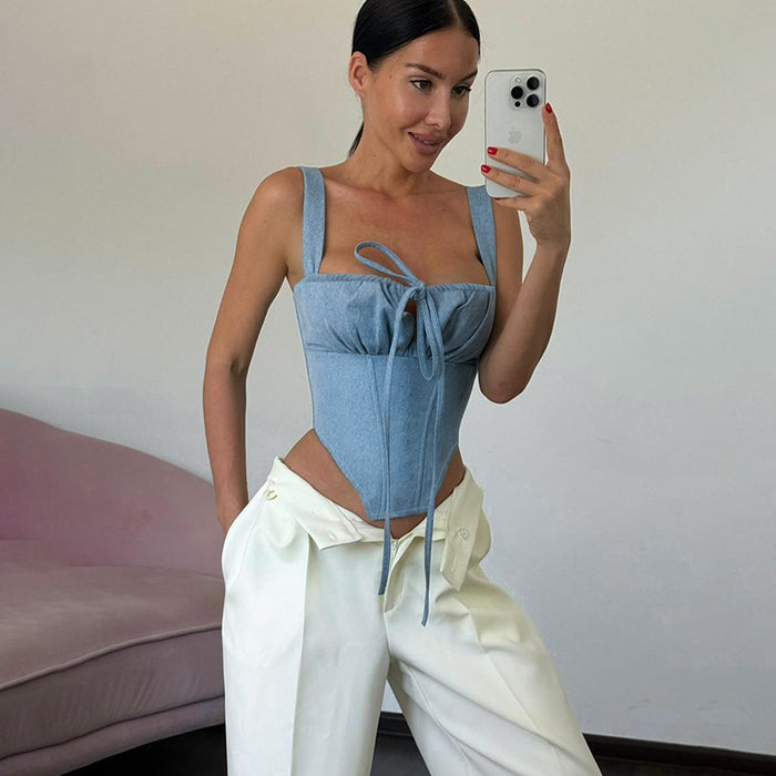 Street Sexy All Match Imitation Denim Spaghetti Strap Camisole Top Women-Fancey Boutique