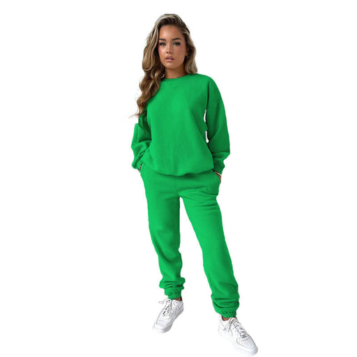 Color-Green-Autumn Winter Women Clothing Solid Color round Neck Pullover Long Sleeve Cotton Sweater Casual Trousers Suit-Fancey Boutique