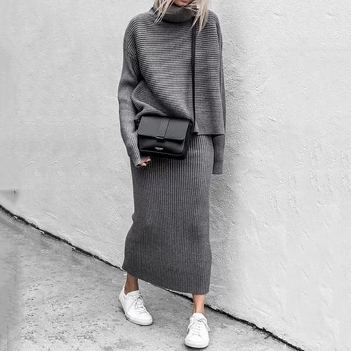 Color-Gray-Autumn Winter Casual Loose Long Skirt Two Piece Wool Suit-Fancey Boutique