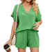 Color-Green-Spring Summer Solid Color V Neck Loose T Shirt Shorts Home Casual Suit-Fancey Boutique