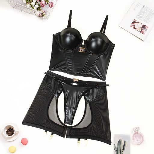 Color-Black-Fabric Leather Body Shaping Sling Underwear Set Sexy Mesh Sexy Three Piece Set-Fancey Boutique