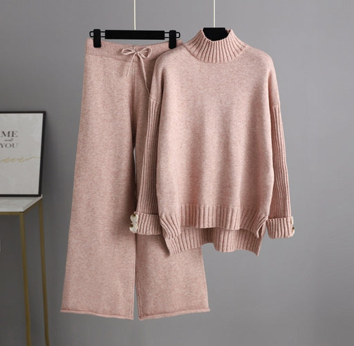 Color-Pink-Autumn Winter Knitting Suit Women Trendy Semi-High Collar Sweater Thickened Outer Wear Loose two piece set-Fancey Boutique