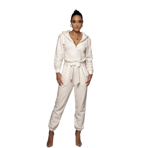 Color-White-Autumn Winter Slim Fit Long Sleeve Solid Color Hooded Half Open Collar Urban Casual Women Jumpsuit-Fancey Boutique