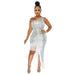 Color-White-One Shoulder Party Sequin Tassel Dress Swing Dress Irregular Asymmetric Dress Vents Women Clothing-Fancey Boutique
