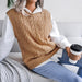 Color-Khaki-Autumn Winter round Neck Hollow Out Cutout Leaves Casual Knitted Vest Sweater Women Clothing-Fancey Boutique