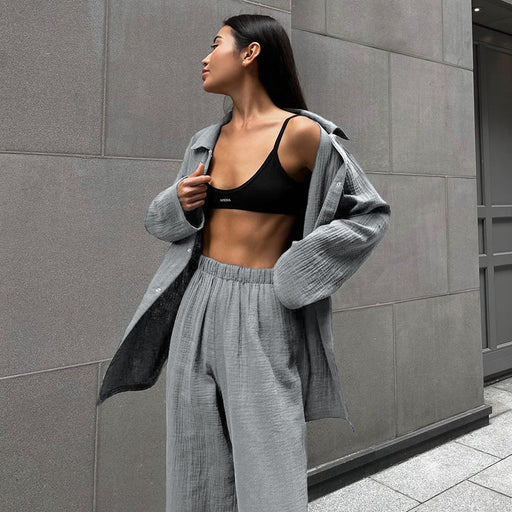 Color-Gray-Autumn Pure Cotton Gray Long Sleeve Cardigan Pajamas Two Piece Loose Comfortable Trousers Ladies Homewear-Fancey Boutique