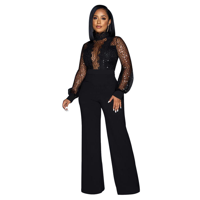 Color-Black-Women Wear Hollow Out Cutout out See through Long Sleeved Trousers Lace up Jumpsuit-Fancey Boutique