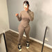 Color-Khaki-Women Clothing Autumn Winter Tight Hooded Long Sleeve Finger Hole Top Trousers Casual Set-Fancey Boutique