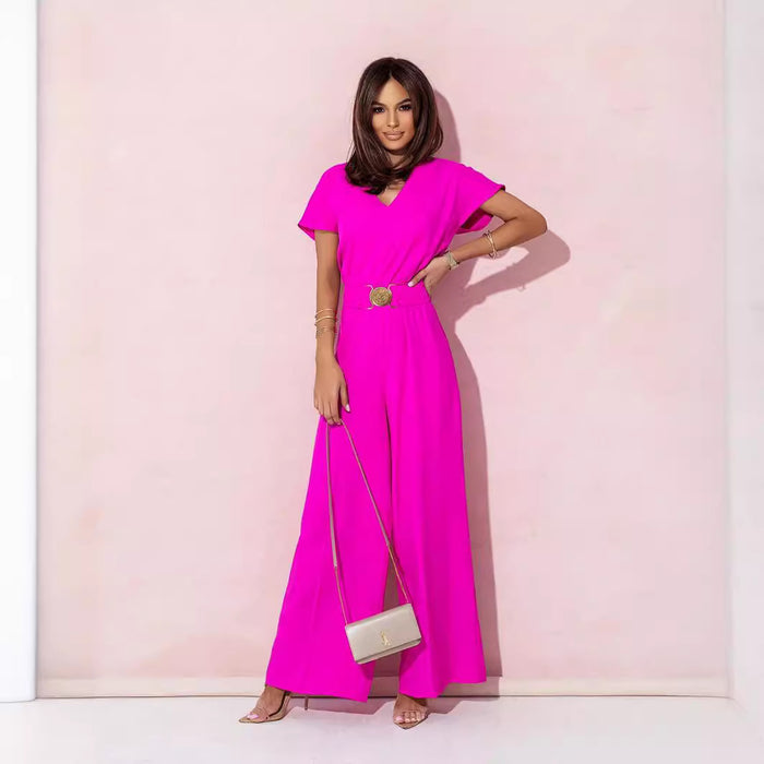 Women Clothing Solid Color V neck Tight Waist Short Sleeve Casual Trousers Jumpsuit-Coral Red-Fancey Boutique