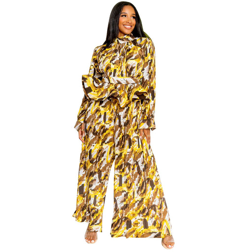 Color-Yellow-Women Clothing Lantern Long Sleeve Wide Leg Pants Printed Casual Two Piece Suit-Fancey Boutique