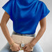 Summer Shirt Pullover Irregular Asymmetric Half Turtleneck Solid Color Silk like Office Sleeve Top-Blue-Fancey Boutique