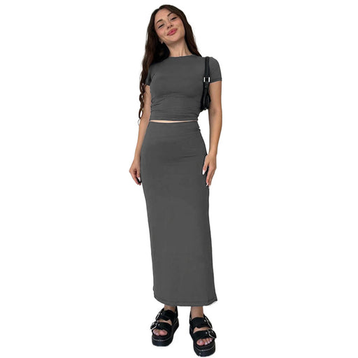 Summer Solid Color Round Neck Short Sleeve Top Women Casual Skirt Set-Gray-Fancey Boutique