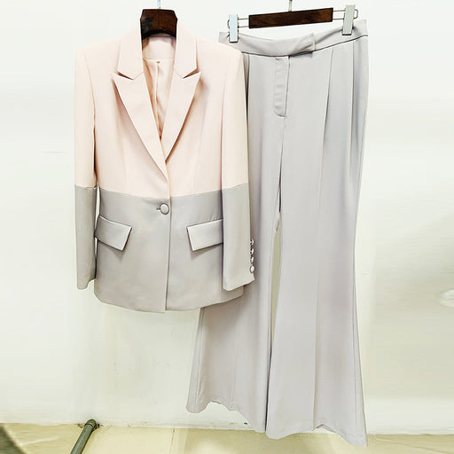 Color-Pink and Gray Colorblock-Goods Business One Button Color Matching Mid Length Suit Bell Bottom Pants Suit Two Piece Blazer Suit Set-Fancey Boutique