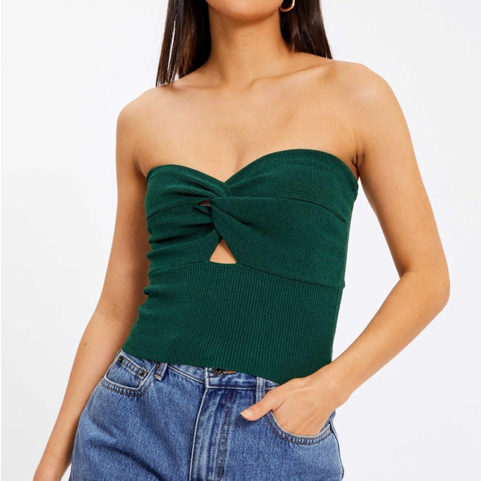 Women Popular Solid Color Criss Cross Knitted Tube Top Vest Dehaired Angora Woolen Top-blackish green-Fancey Boutique