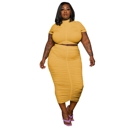 Color-Yellow-plus Size Summer Women Clothes Solid Color Round Neck Pullover Short Sleeve Two Piece Casual Pleated Skirt Set-Fancey Boutique