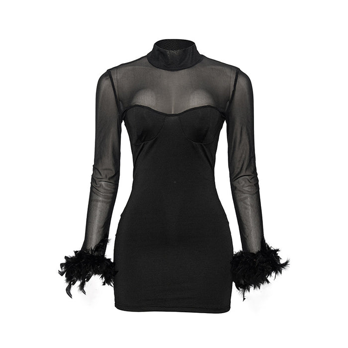 Solid Color Long Sleeve Sexy Mesh Stitching Feather Hip Wrapped Short Slim Dress-Black-Fancey Boutique