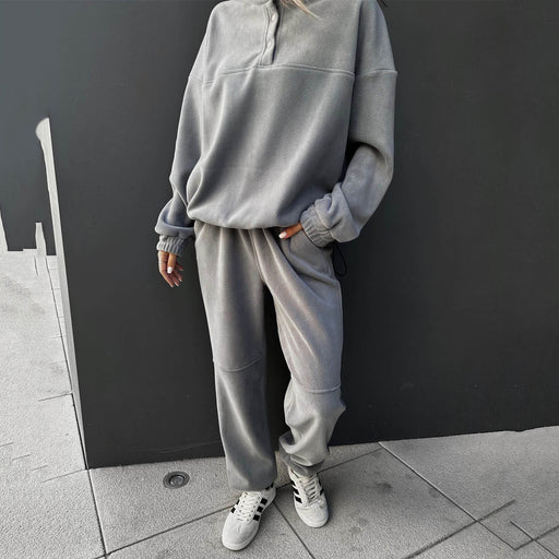 Color-Gray-Autumn Winter Women Clothing Casual Sweatshirt Outfit Women Solid Color Polar Fleece Top Trousers Two Piece Set-Fancey Boutique