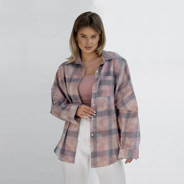 Classic Retro Loose Long Sleeve Cotton Plaid Shirt Autumn All Matching Minimalist Shirt Women Clothing-Fancey Boutique