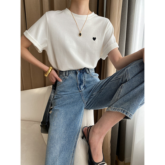 Love Small Embroidered Shoulder Slimming Casual Short Sleeved T Shirt Loose Early Spring-White-Fancey Boutique