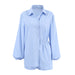 Sexy Summer Slightly Transparent Fresh Blue Cotton Linen Loose Long Sleeve Shirt Shorts Two Piece Set Casual Set-Fancey Boutique